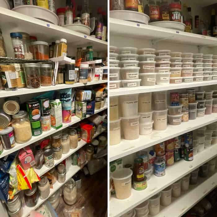 Well-organized pantry shelves with spices and ingredients in jars and containers.