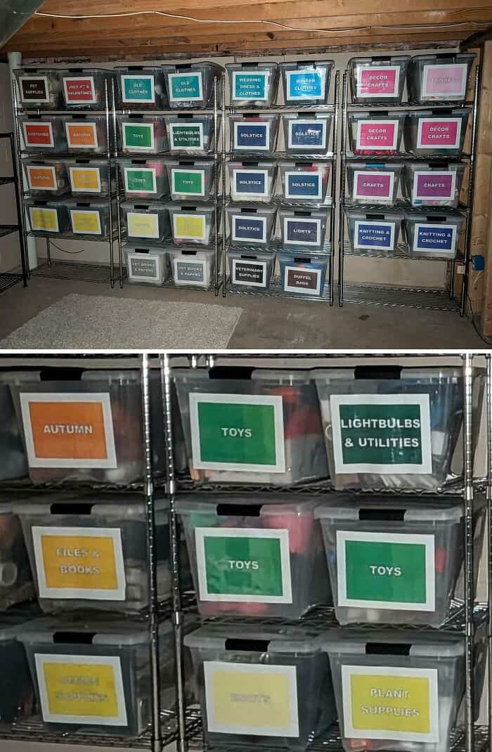 Organized storage bins for toys and supplies in a garage or storage room.