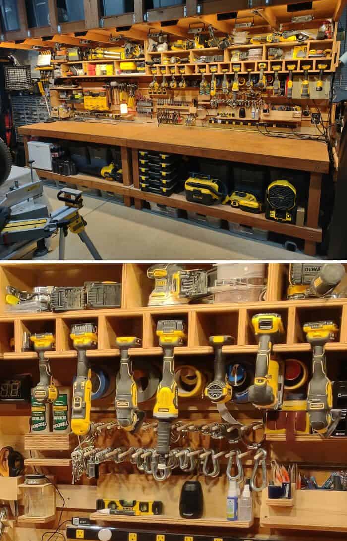 Well-organized workshop with tools and power equipment on wooden shelves.