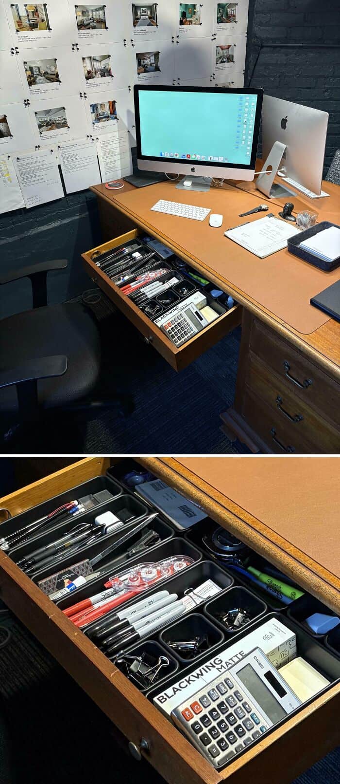 Organized workspace with computer, stationery, and office tools for productivity.
