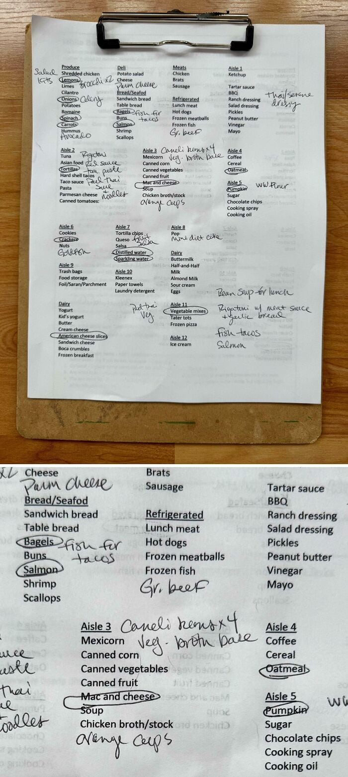 Handwritten grocery list on clipboard with categories and items for shopping.
