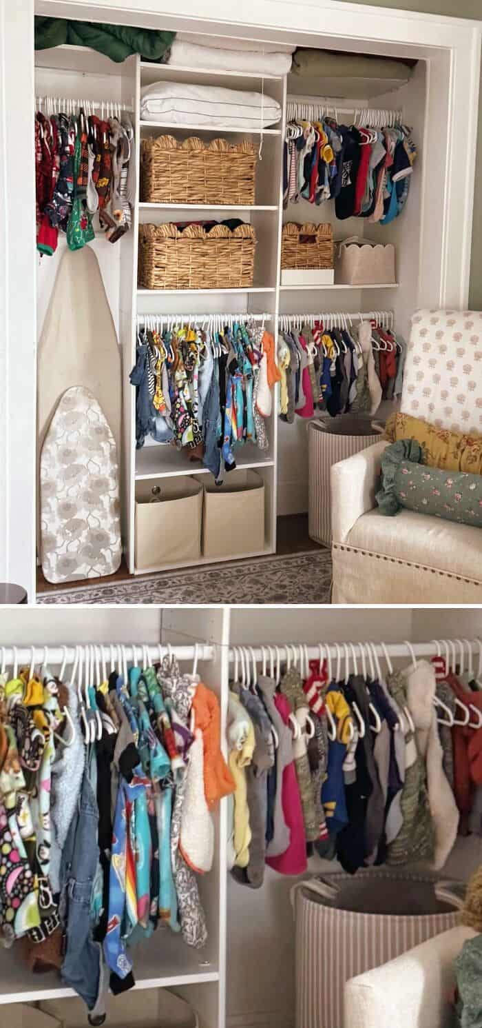 Neatly organized kids' closet with hanging clothes and storage bins.