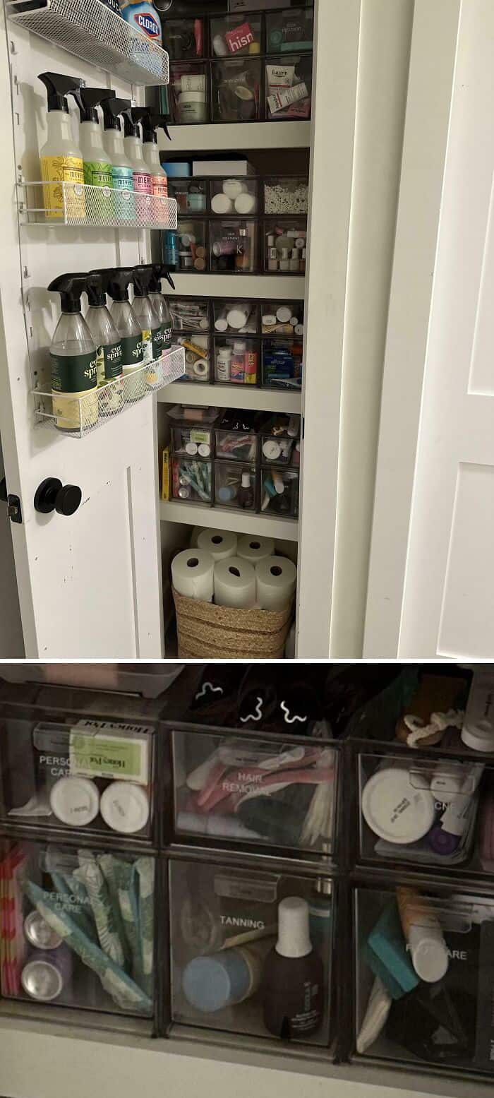 Closet storage with neatly arranged supplies and toiletries for easy access.