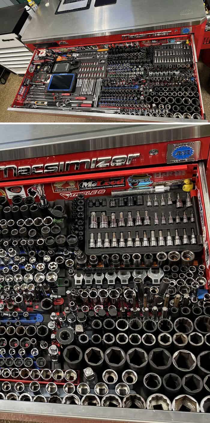 Tool organizer with sockets, wrenches, and tools in a metal toolbox.