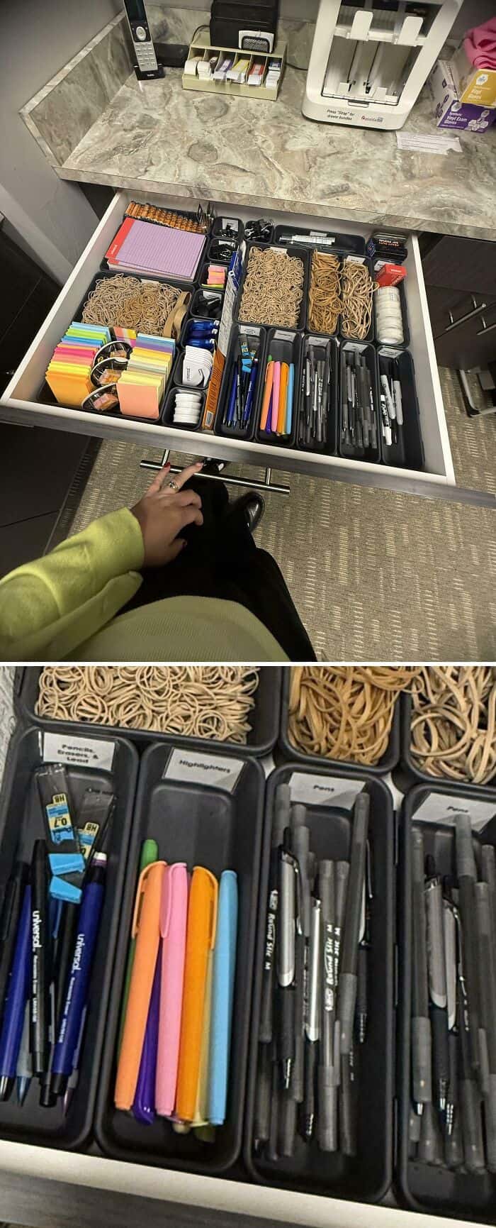 Organized desk drawer containing pens, markers, sticky notes, and office accessories for efficient w.