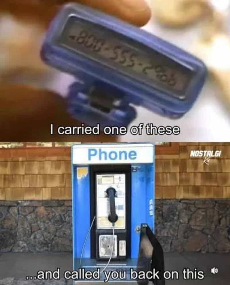 Old blue public phone with a digital timer, captioned "I carried one of these".