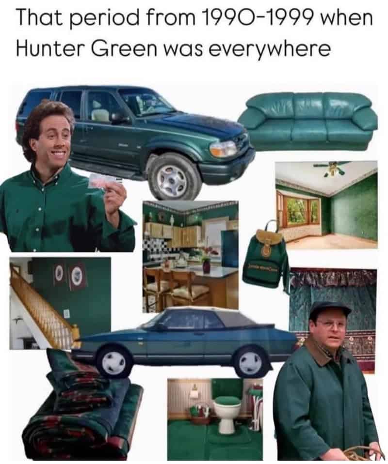 Hunter Green car, sofa, and interior decor from 1990s, with two men in green clothing.