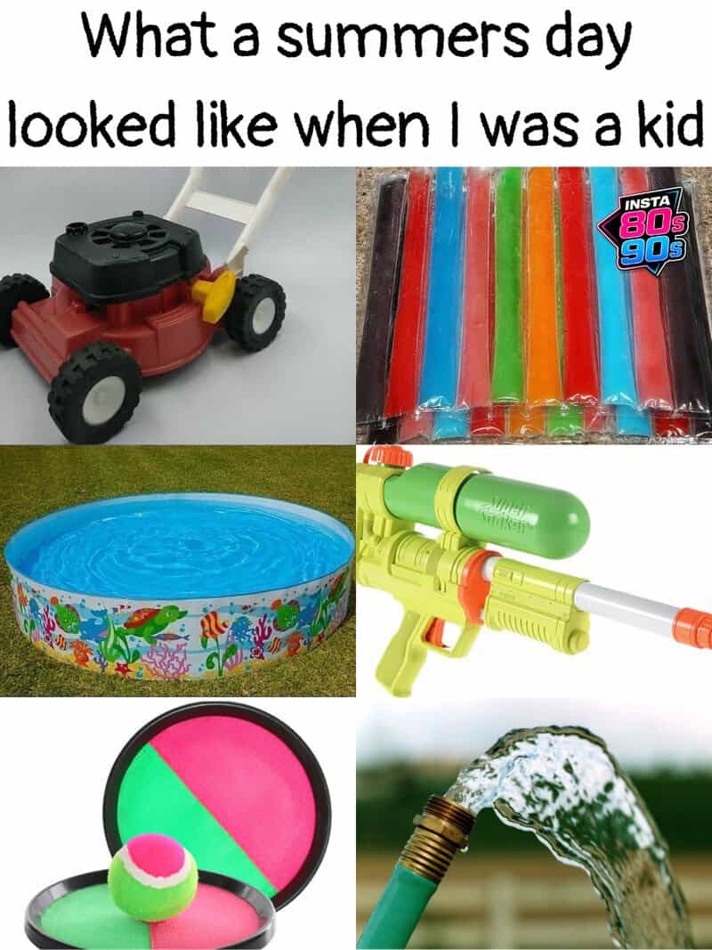 Childhood summer toys including water gun, pool, and colorful ice pops.