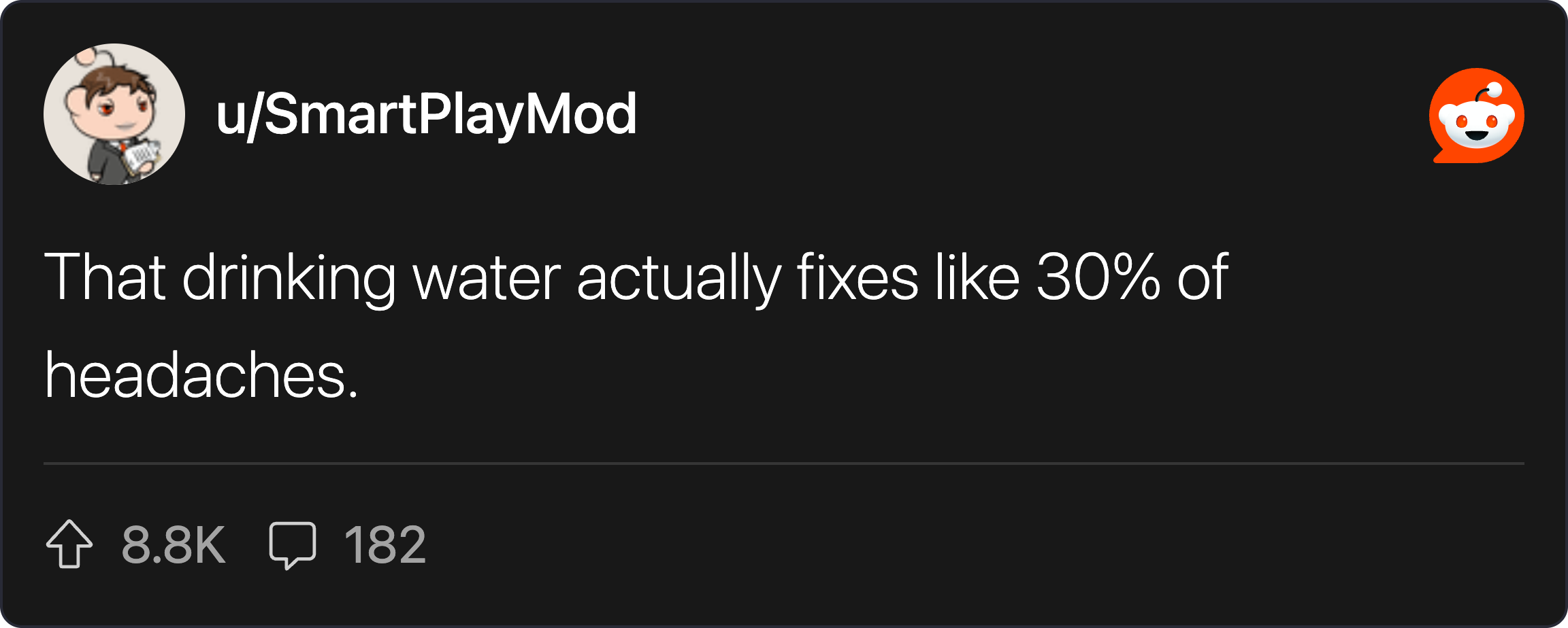 Humorous image of a person drinking water with a caption about headaches.
