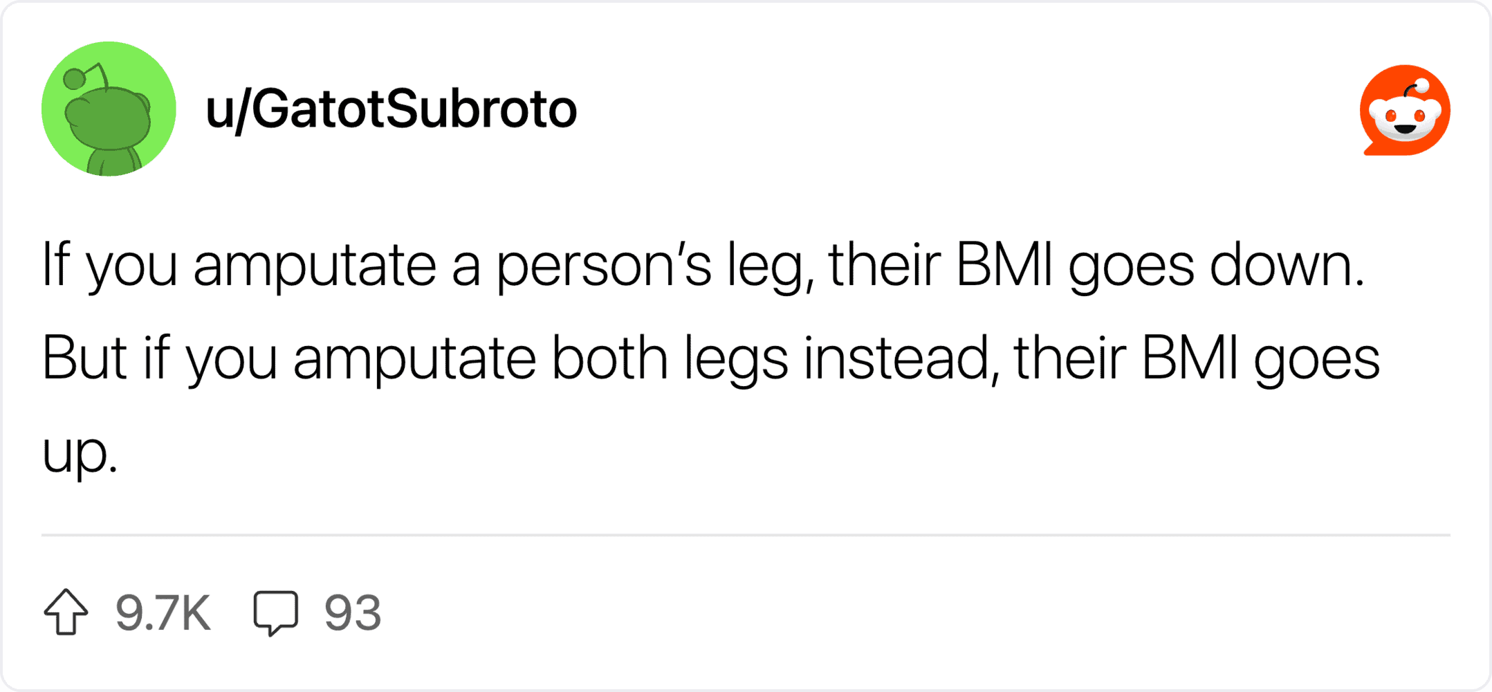 "Humorous medical meme about amputating legs and BMI changes".