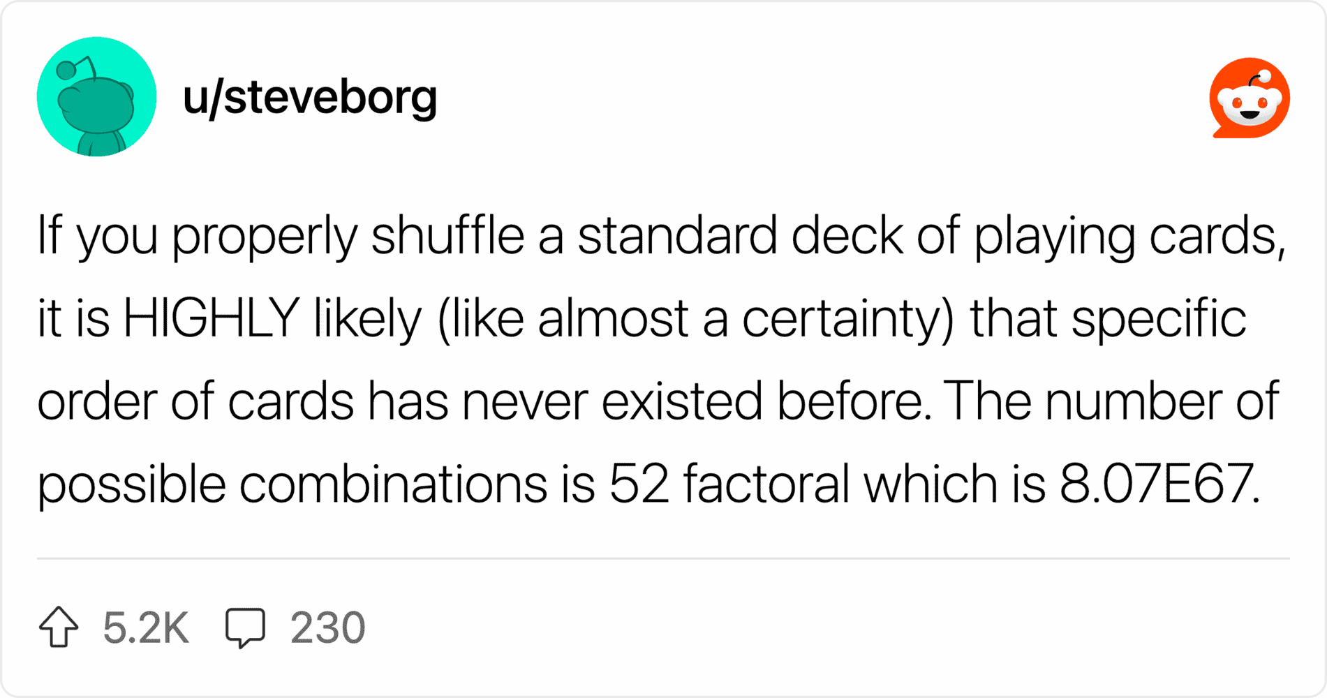 Shuffle a deck of playing cards, showing the probability of specific order combinations.
