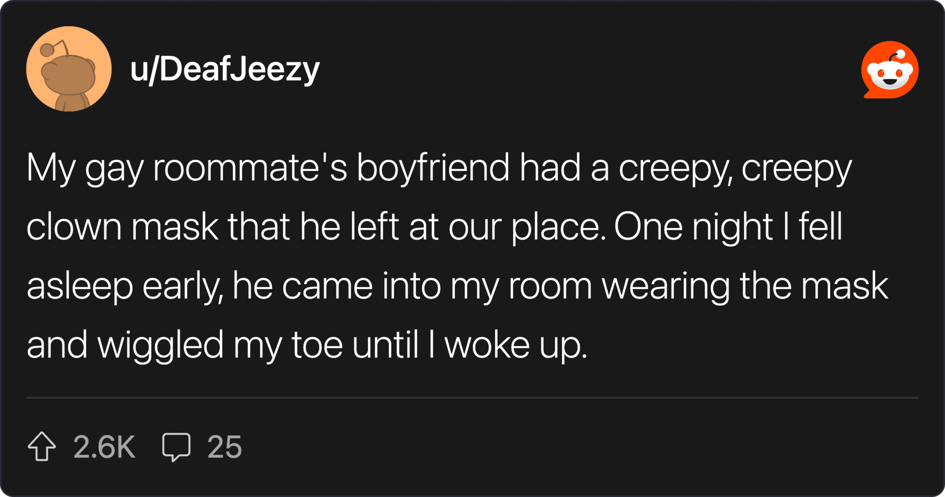 Man wearing creepy clown mask in a room, disturbing roommate behavior.