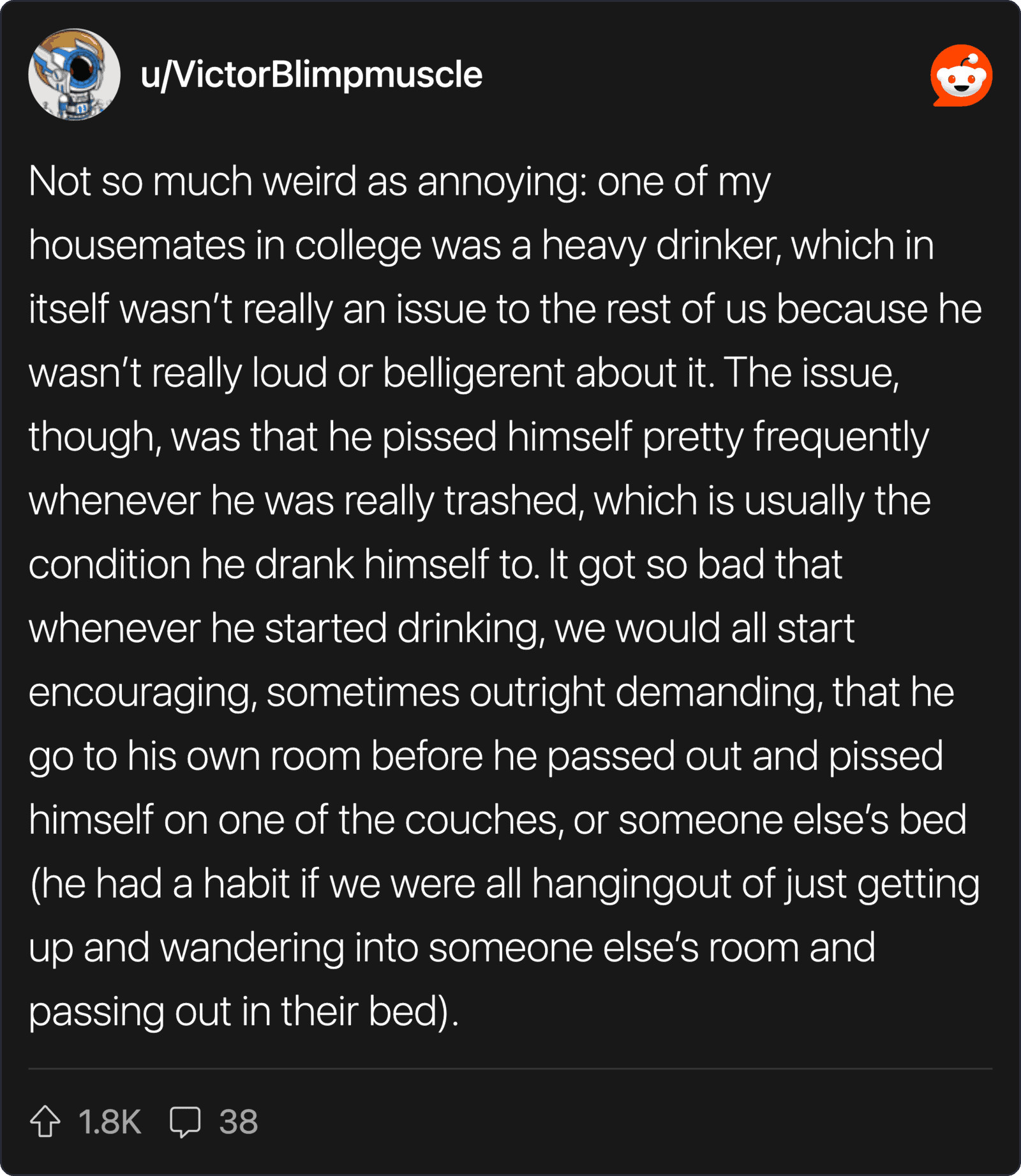 College roommate with a drinking problem passed out on the couch.