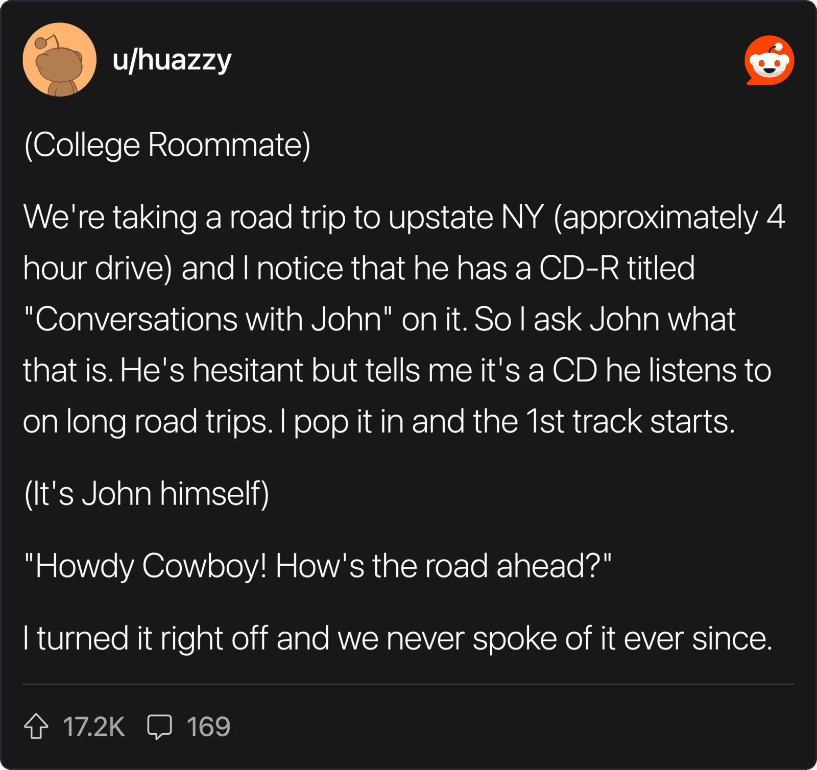 College student with a CD-R titled "Conversations with John" during a road trip.