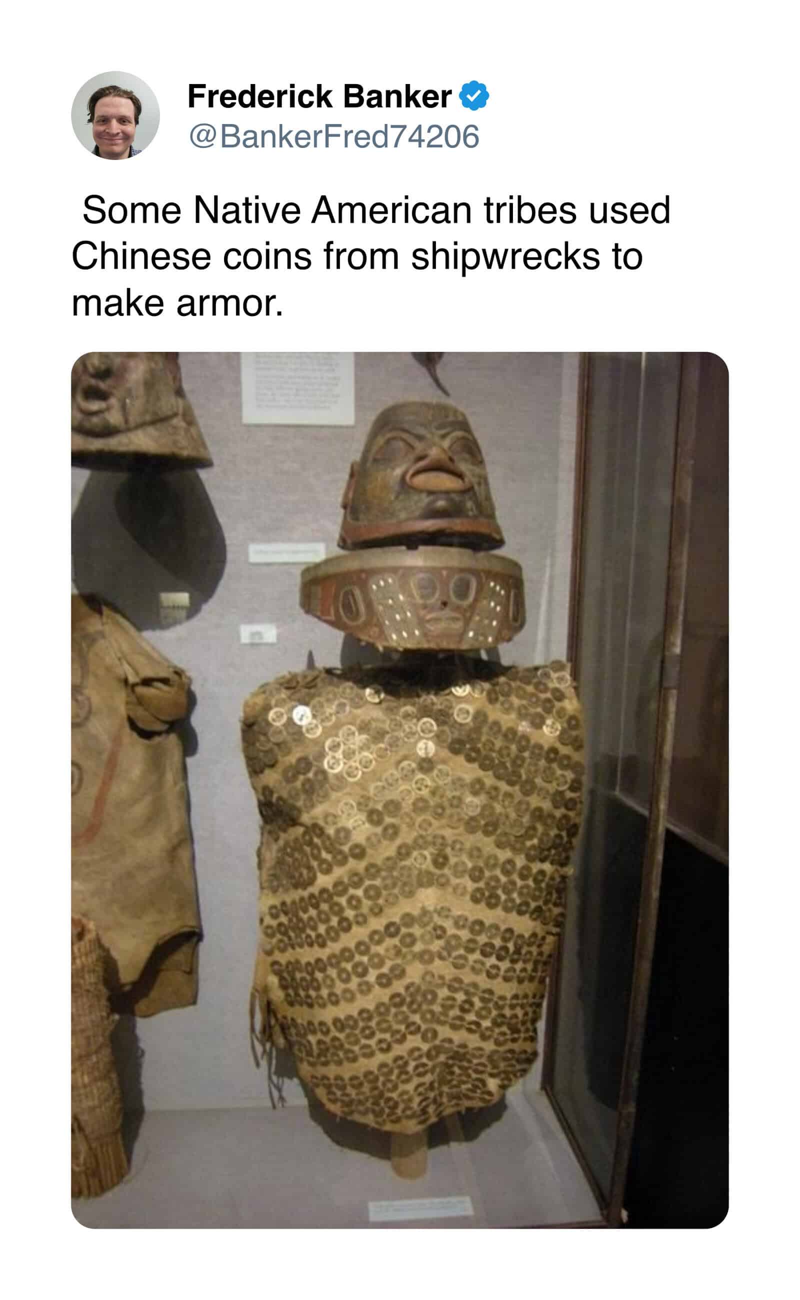 Ancient Native American armor crafted from Chinese coins recovered from shipwrecks, displayed in a m.