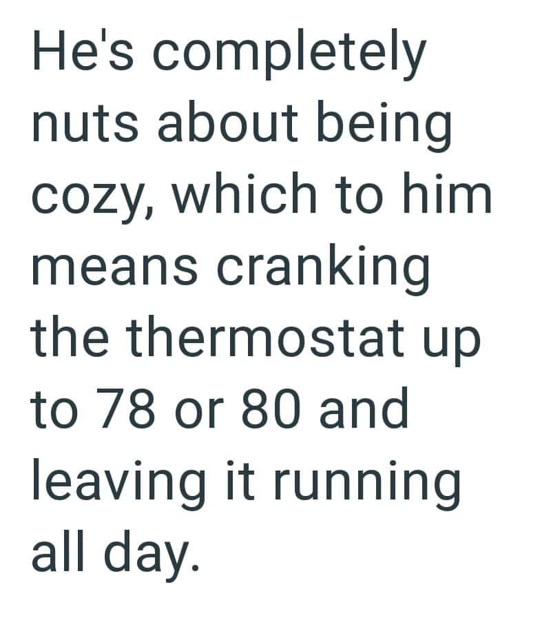 He's completely nuts about being cozy, which to him means cranking the thermostat up to 78 or 80 and.