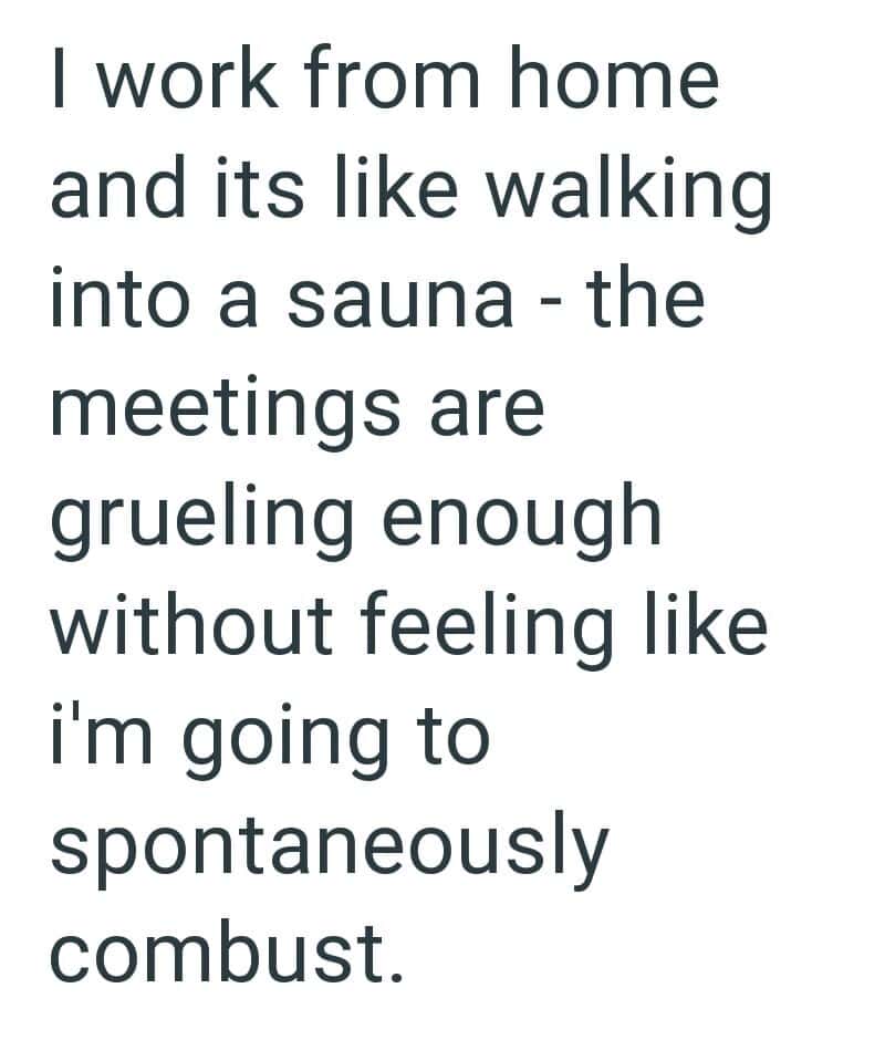 A woman’s quote about working from home feeling like walking into a sauna with grueling meetings.