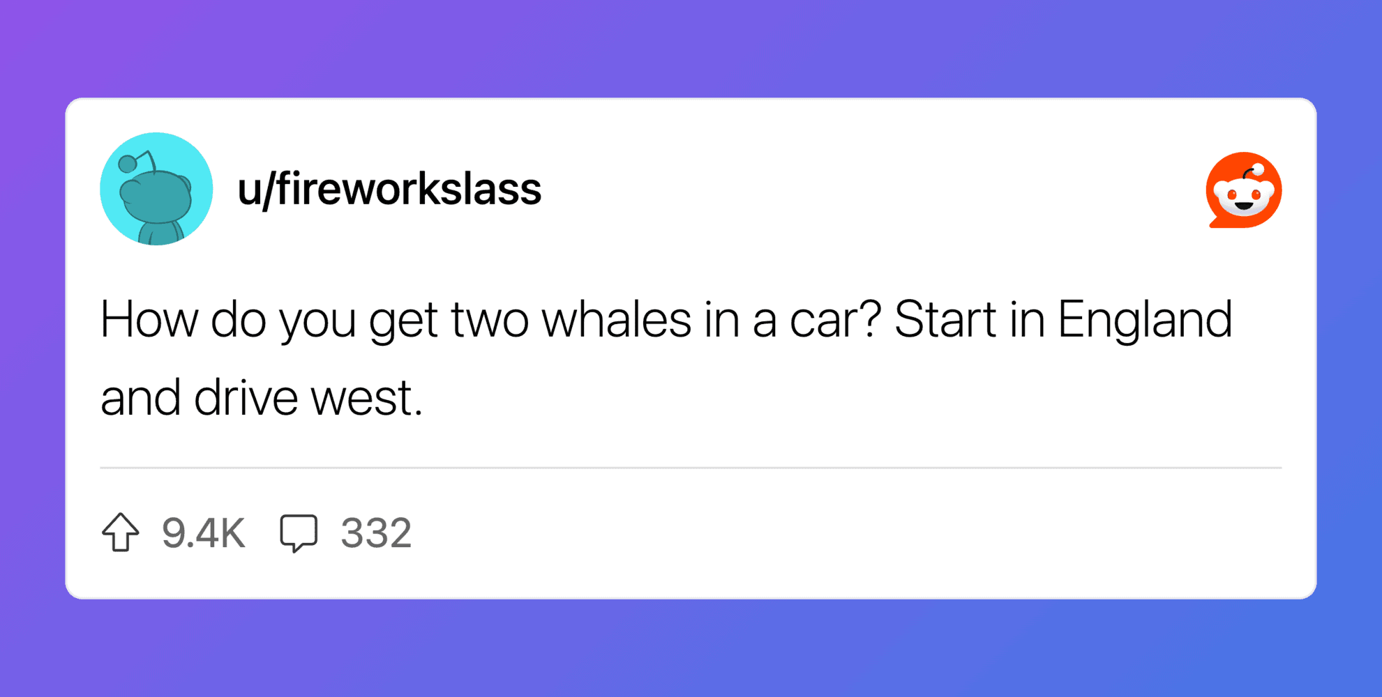 Humorous whale joke about getting two whales in a car, related to clean humor.