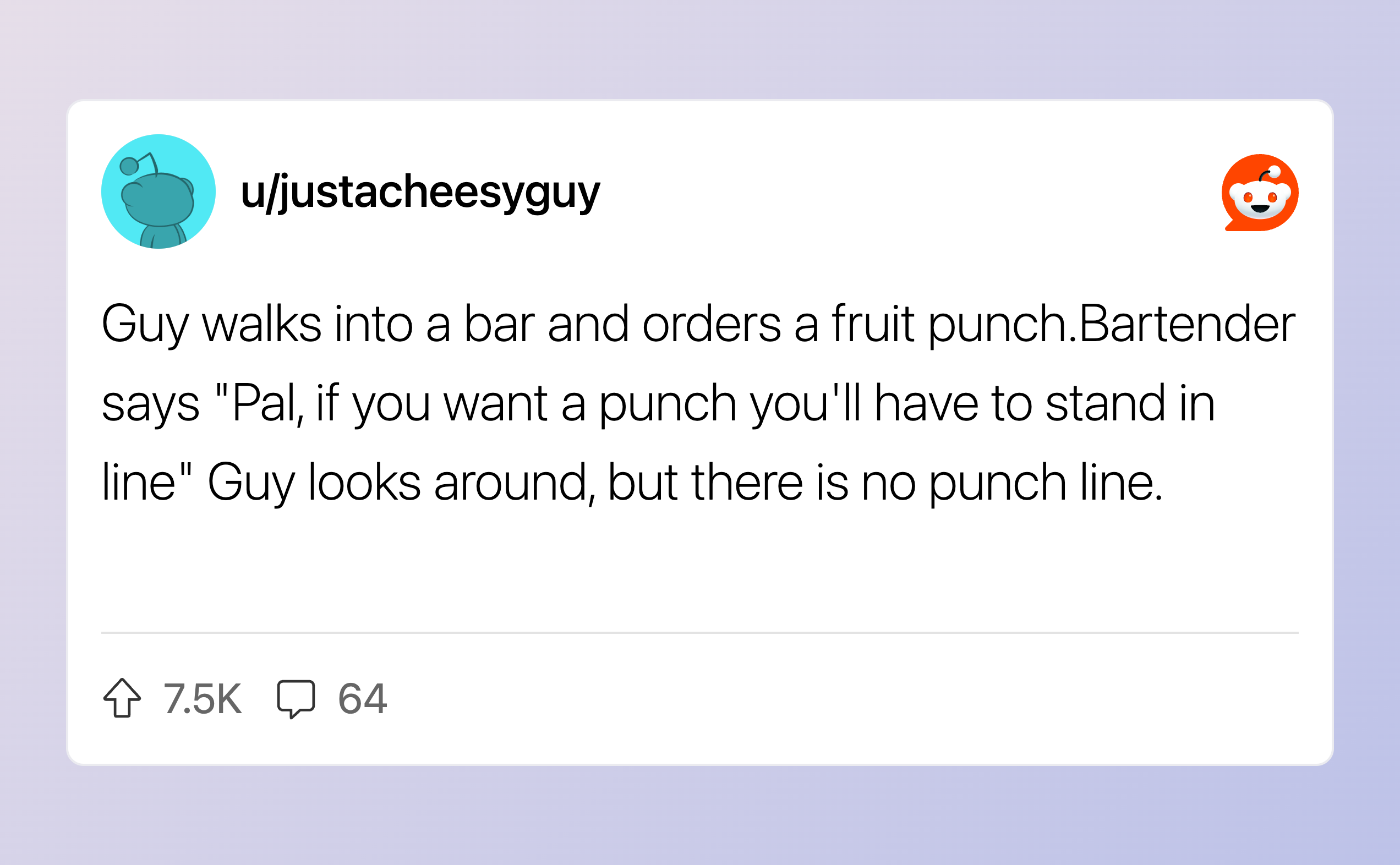 Humorous cartoon of a bartender and customer with a punchline about a fruit punch.