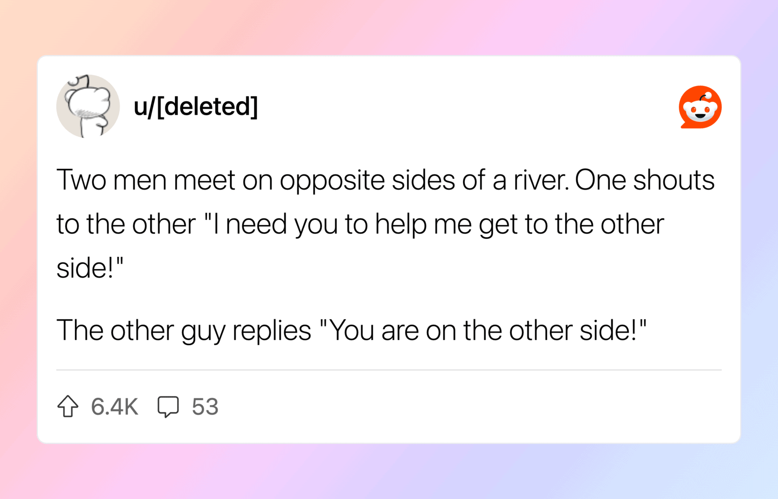 Humorous image of two men on opposite riverbanks sharing a joke.