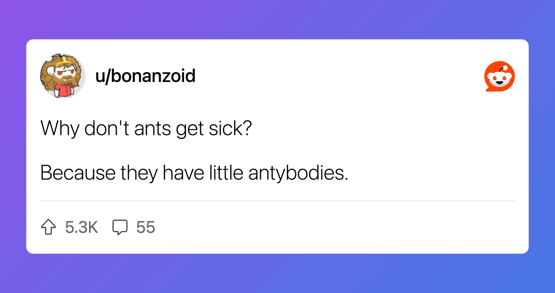 Humorous image of an ant with a pun about ants and illness.