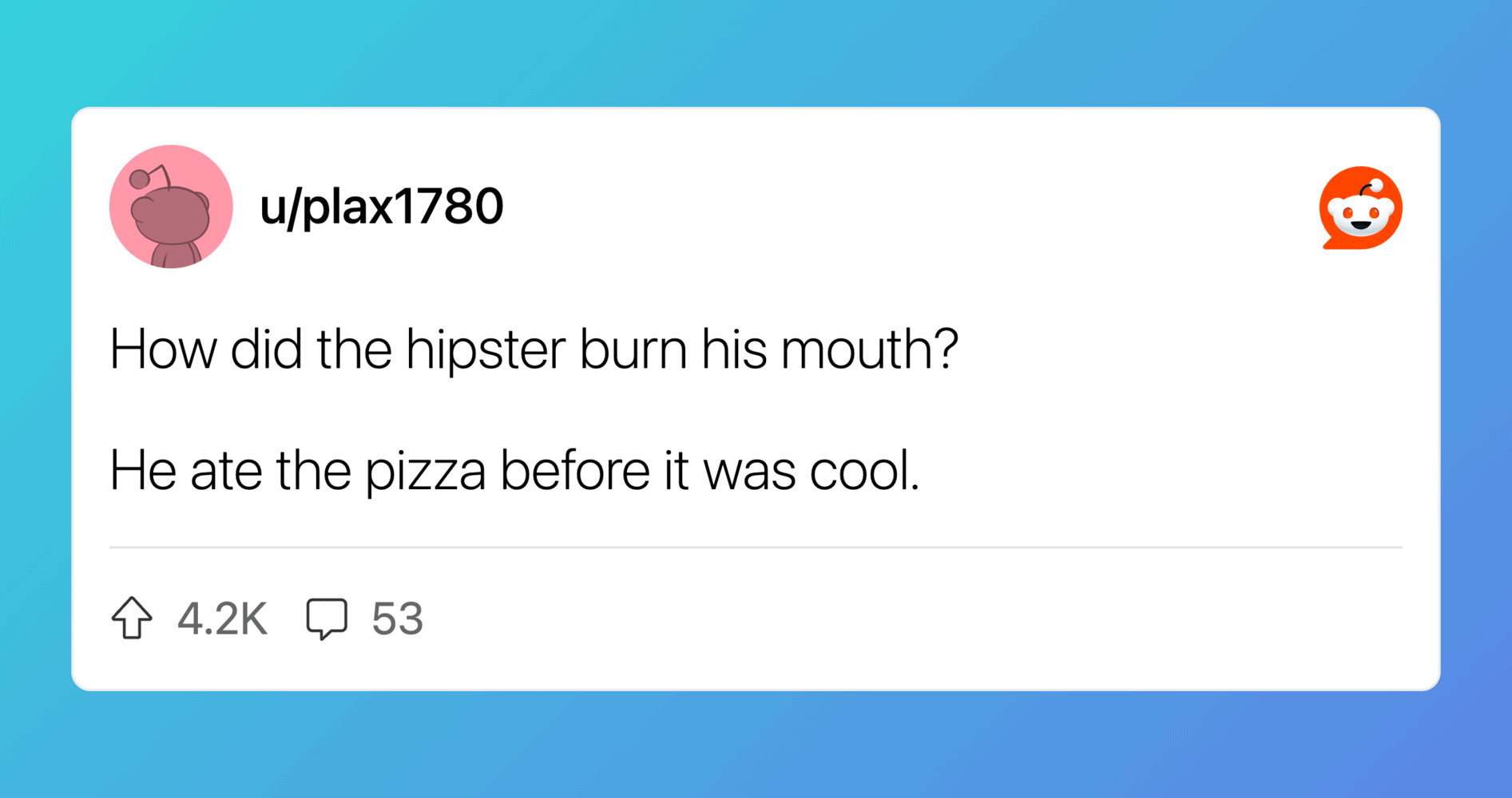 A humorous cartoon of a hipster with a mouth full of pizza, fitting the joke theme.