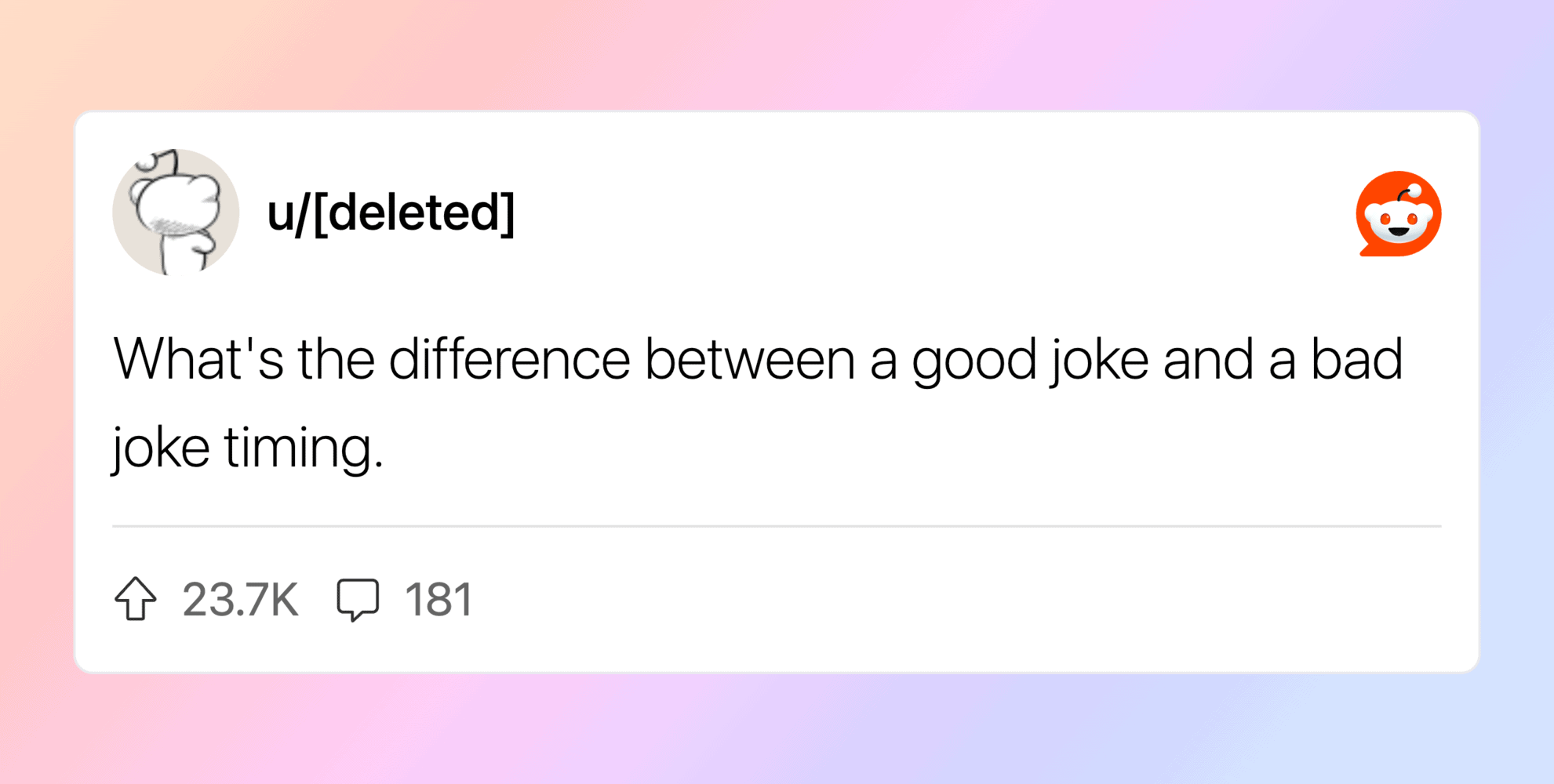 Humorous joke about joke timing with a cartoon character on a pink background.