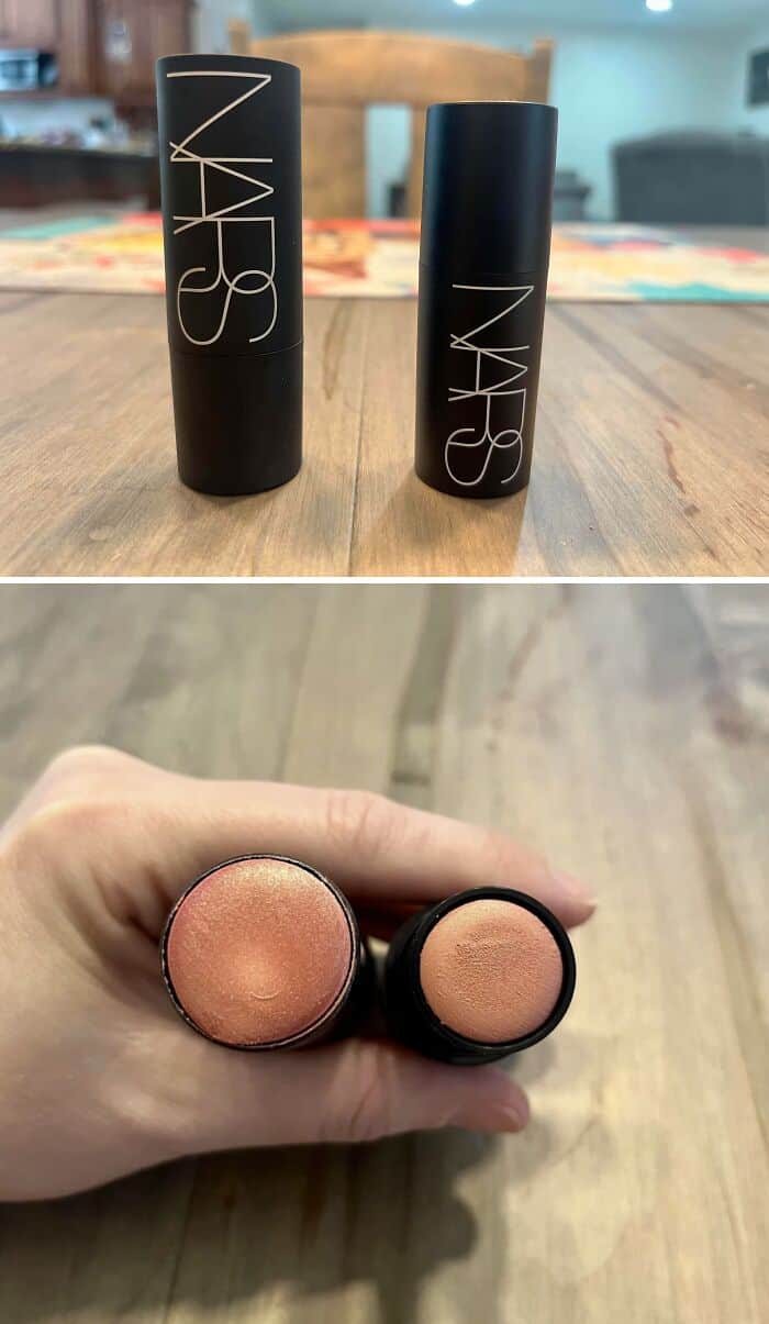 NARS lipstick tubes with one open showing the lipstick shades inside.