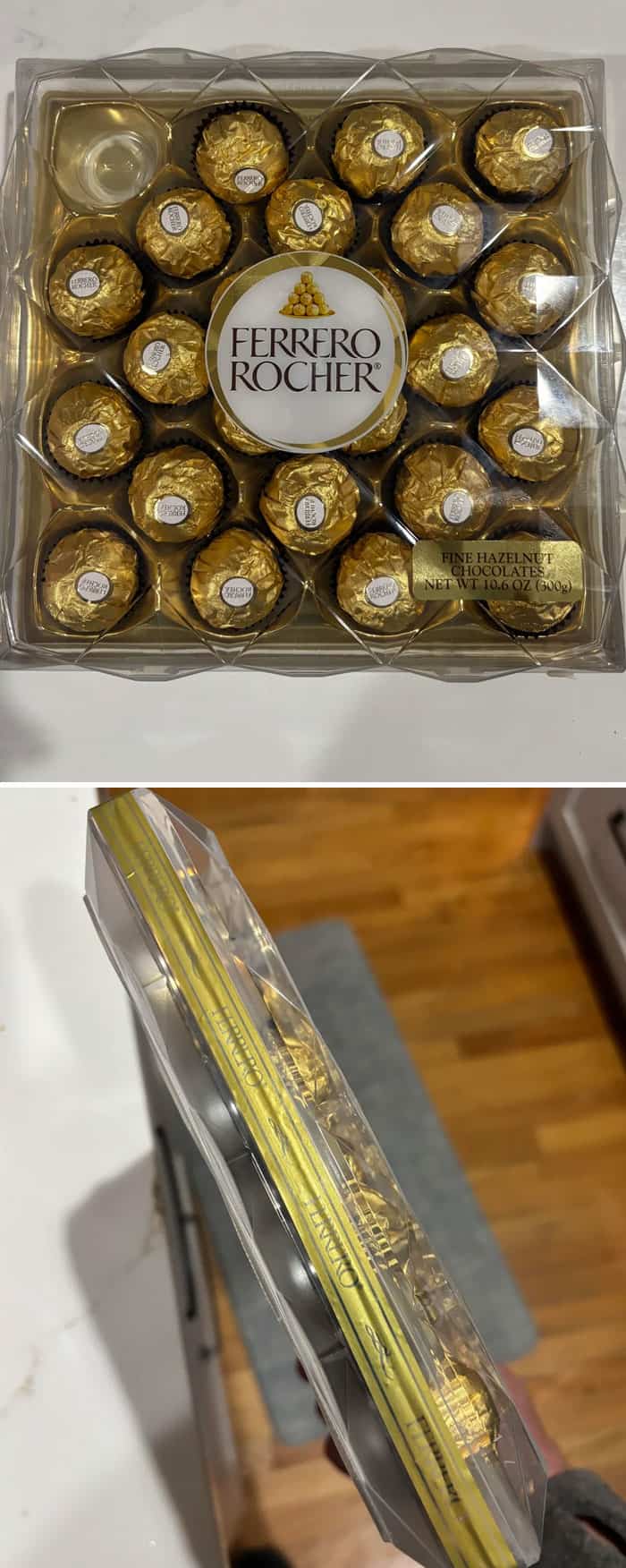 Ferrero Rocher chocolates in a clear plastic box with a label.
