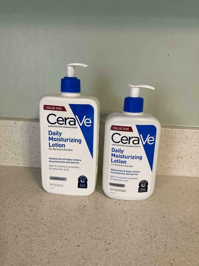 CeraVe Daily Moisturizing Lotion with pump bottles on a bathroom counter.