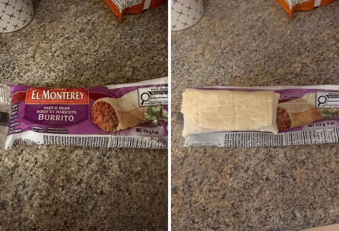 EL Monterey beef & bean burrito on countertop, unwrapped, with packaging and foil removed.