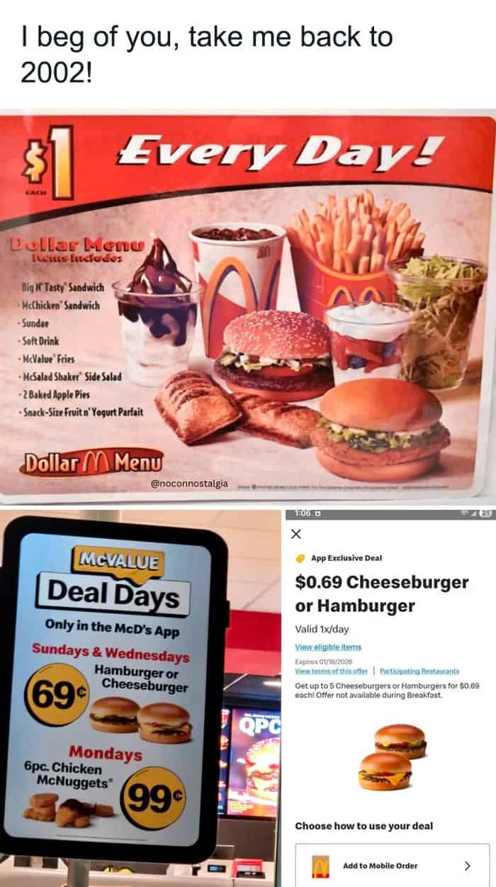 McDonald's menu with burger, fries, drink, and dessert, "Every Day!".