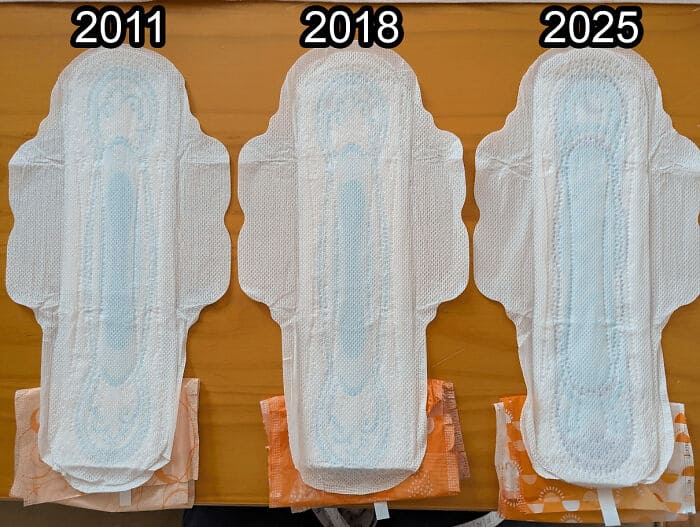 Absorbent pads comparison over years: 2011, 2018, 2025, showing changes in size and design.