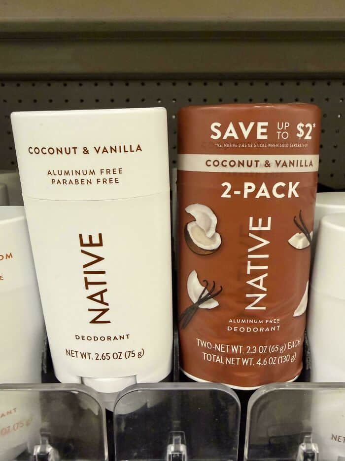 Coconut & Vanilla Native deodorant 2-pack on store shelf.