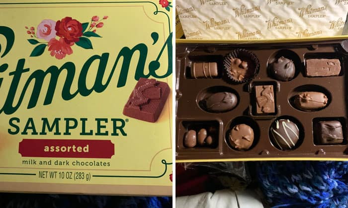 Sampler box of milk and dark chocolates, assorted shapes and flavors.