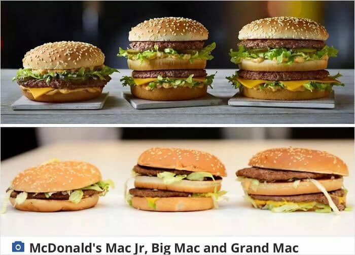 Assorted McDonald's burgers including Big Mac, Mac Jr., and Grand Mac.