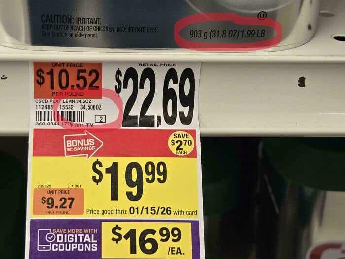 Price tag showing $10.52 per pound, $22.69 retail, and $19.99 with coupon.