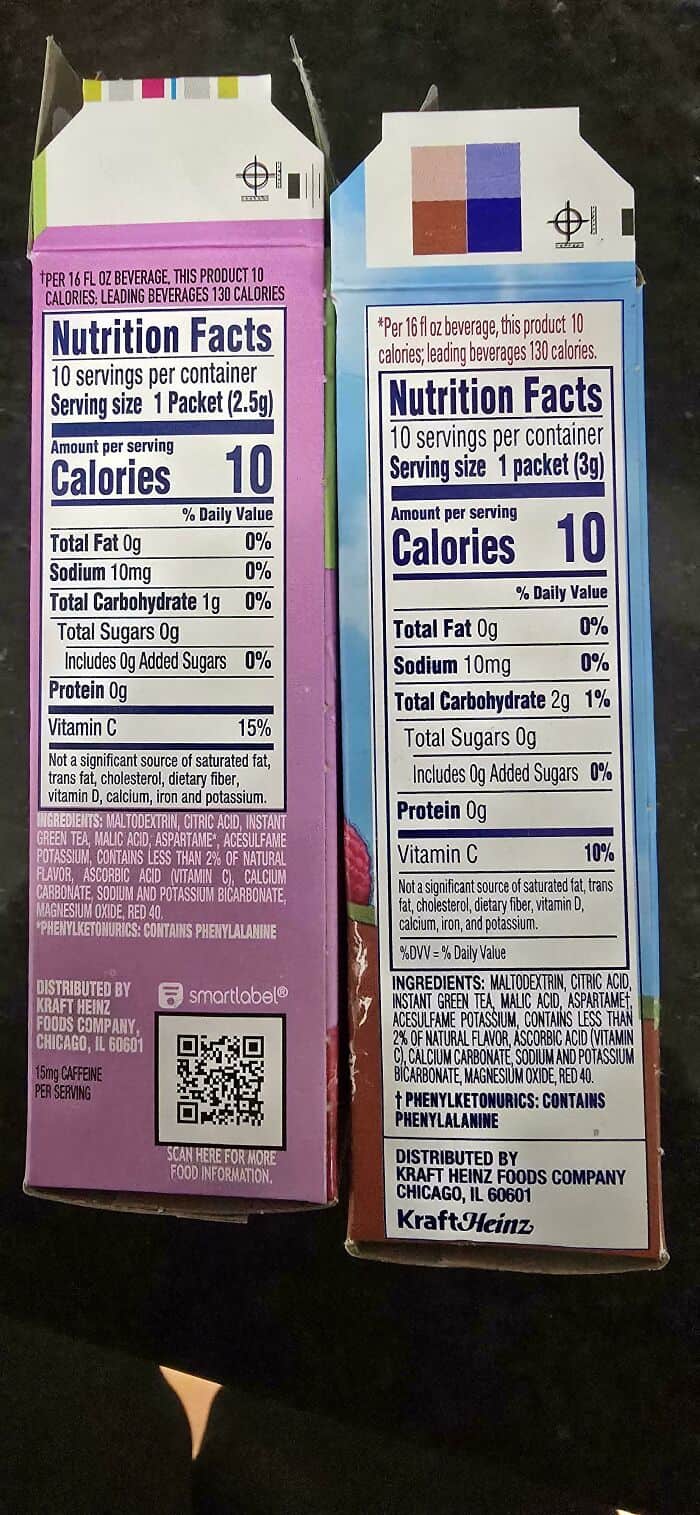 Low-calorie nutrition label with detailed ingredients and serving information.