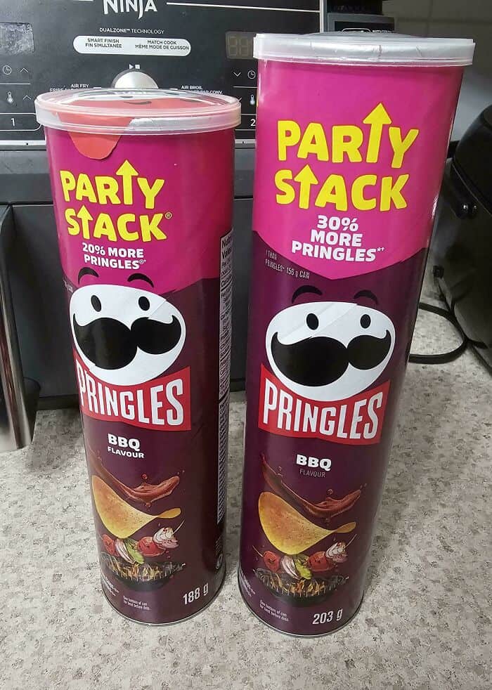 PARTY STACK Pringles can with pink packaging, featuring a cartoon mustache and a chip, labeled "BBQ.