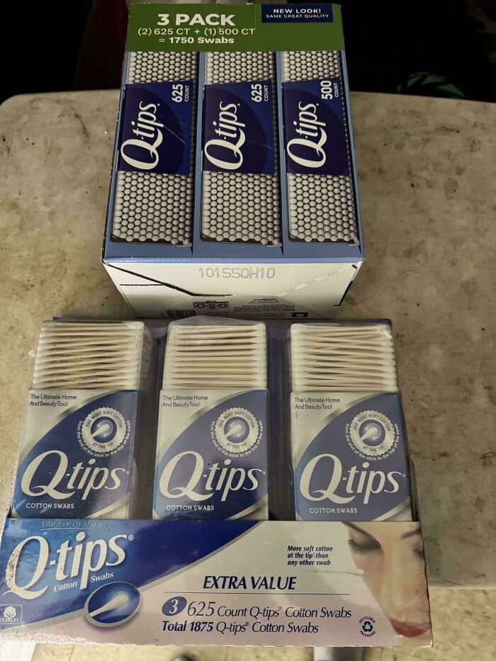 Q-tips 3-pack cotton swabs, 625 count each, total 1875 swabs, in a display box.