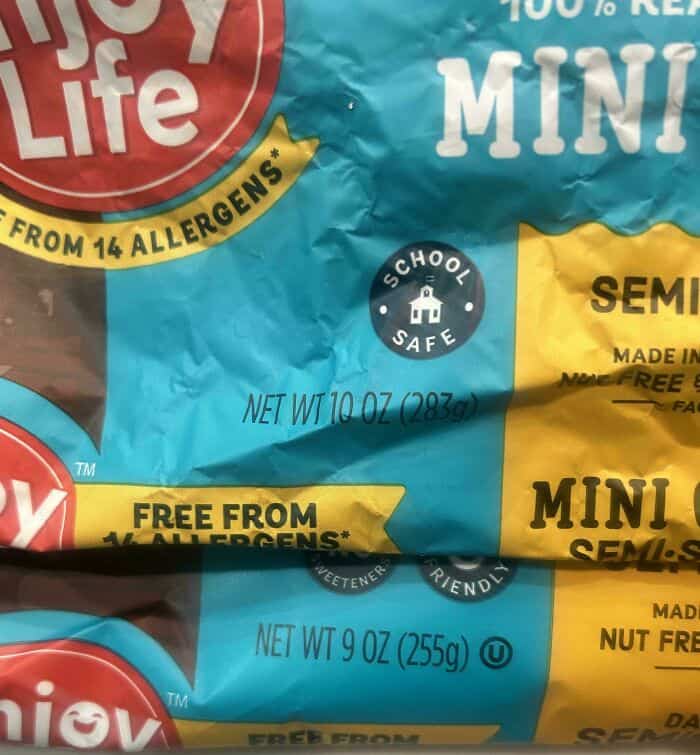 Mini semi-sweet chocolate chips bag with "School Safe" label and allergen-free claims.