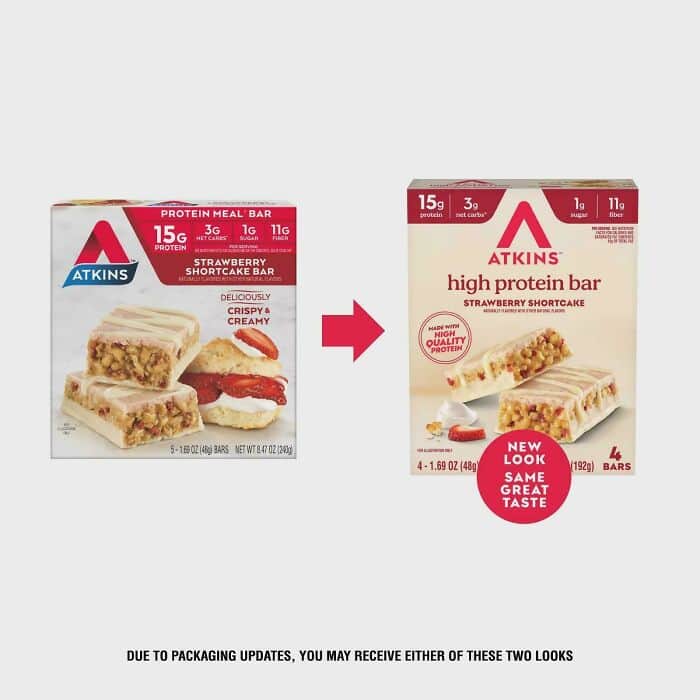 Protein meal bar packaging comparison showing a change in design but same product.