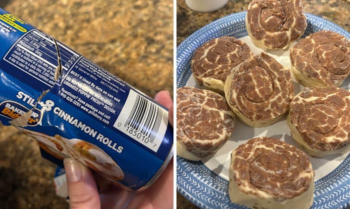 Cinnamon rolls on a blue plate with a can of cinnamon rolls in hand.