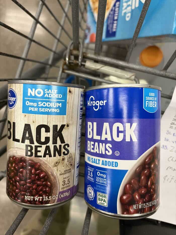 NO SALT ADDED Black Beans canned on store shelf, Kroger brand, 15.5 oz, with label details.