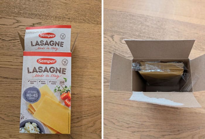 Creamy cheese slices in a Semper Lasagne box, with the box open showing the foil-wrapped cheese insi.