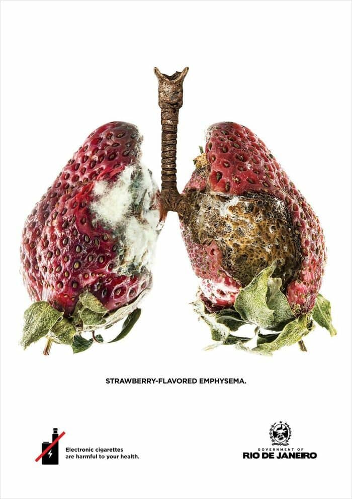 Strawberry-flavored emphysema depicted as a pair of strawberries with a trachea in the middle.