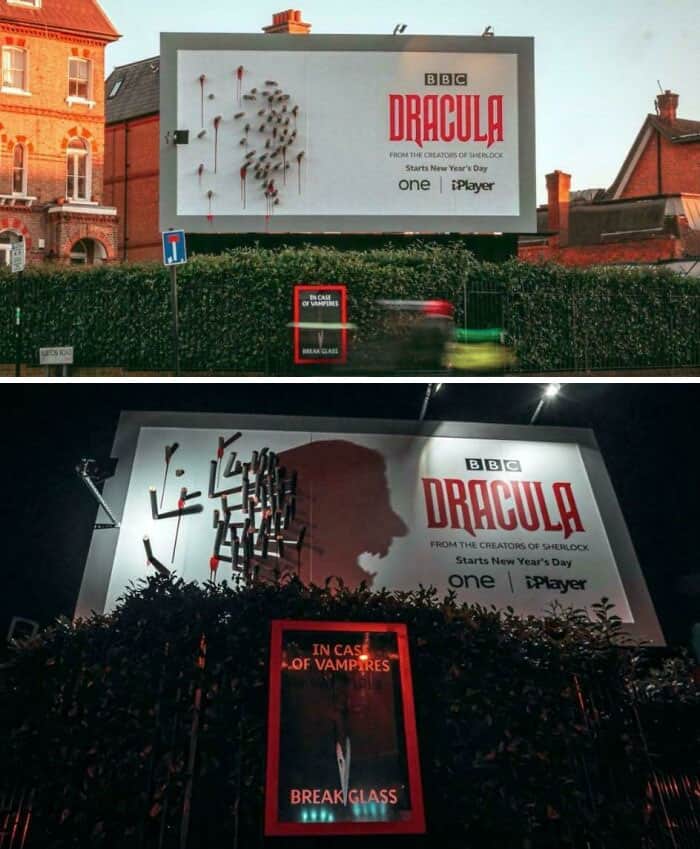 BBC Dracula billboard advertisement for the new series, displayed outdoors at night.
