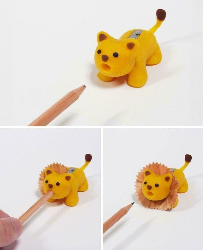Cute yellow lion pencil sharpener with a lion's face and tail, on a white background.