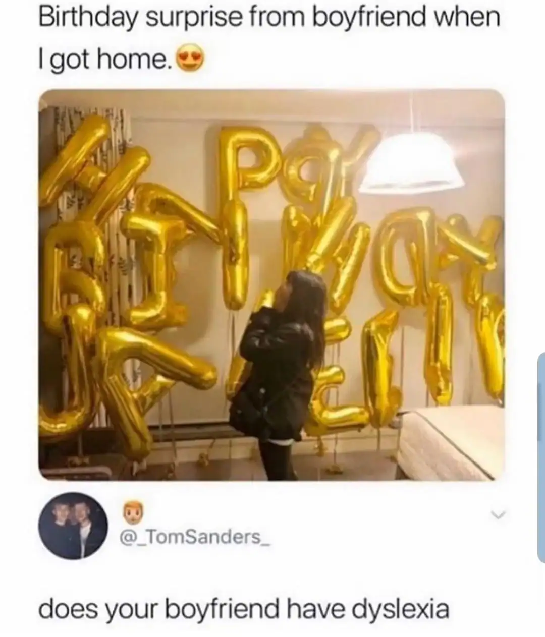 Festive birthday celebration featuring gold balloons and a person standing in front of them.