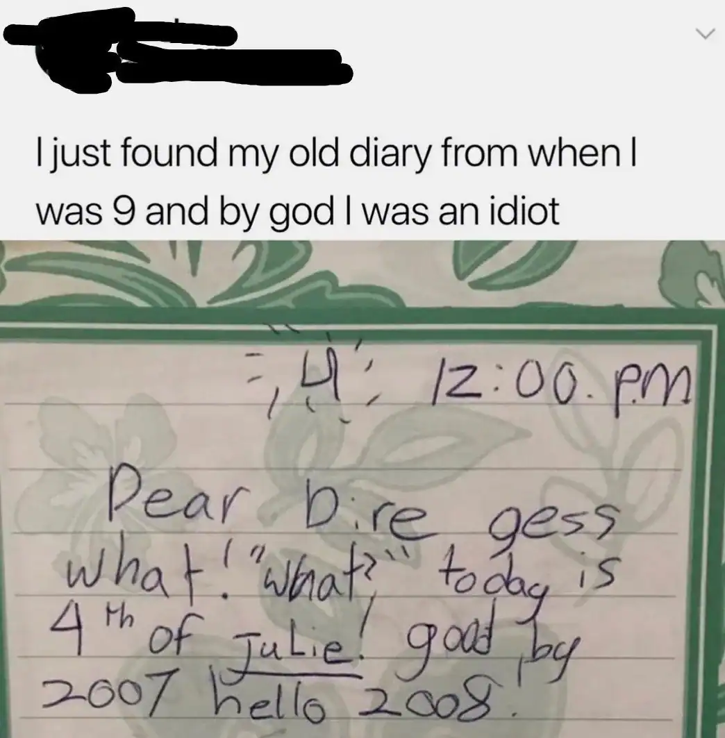 Humorous old diary with misspelled words about dates and names.